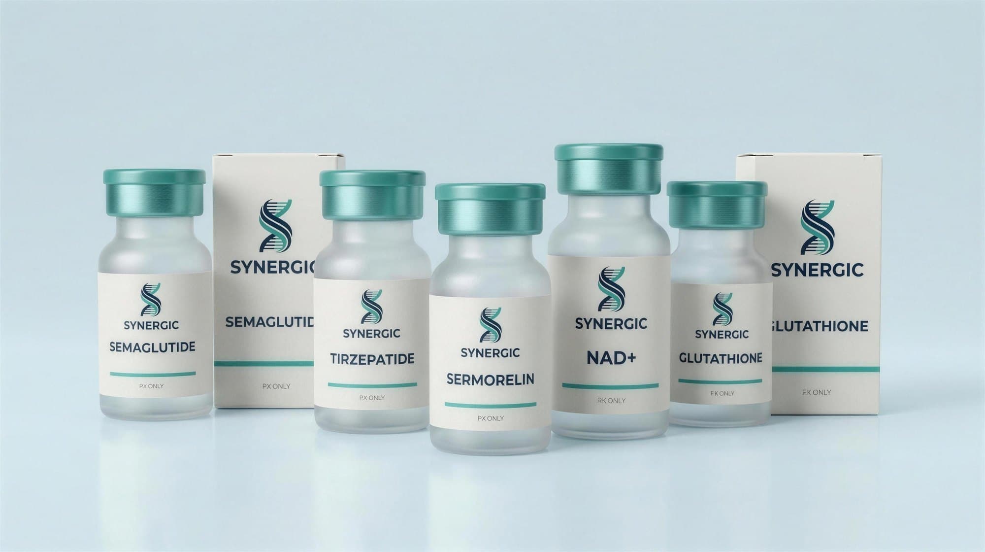 The Synergic therapy line — labeled vials and matching packaging